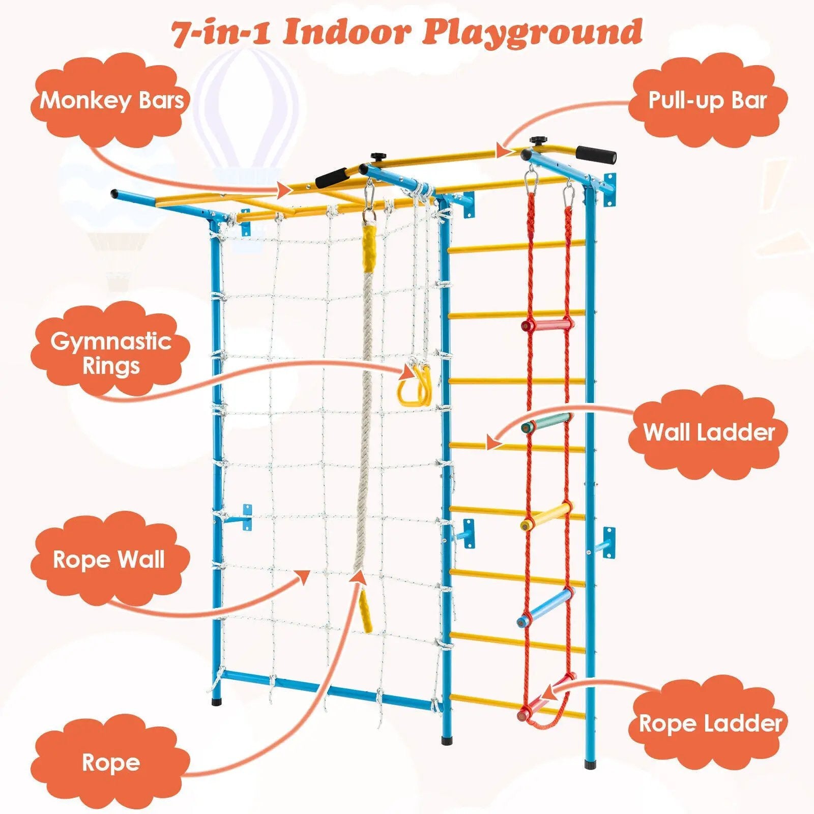 7 In 1 Kids Indoor Gym Playground Swedish Wall Ladder for Solid Wall-Yellow by DirectDeals