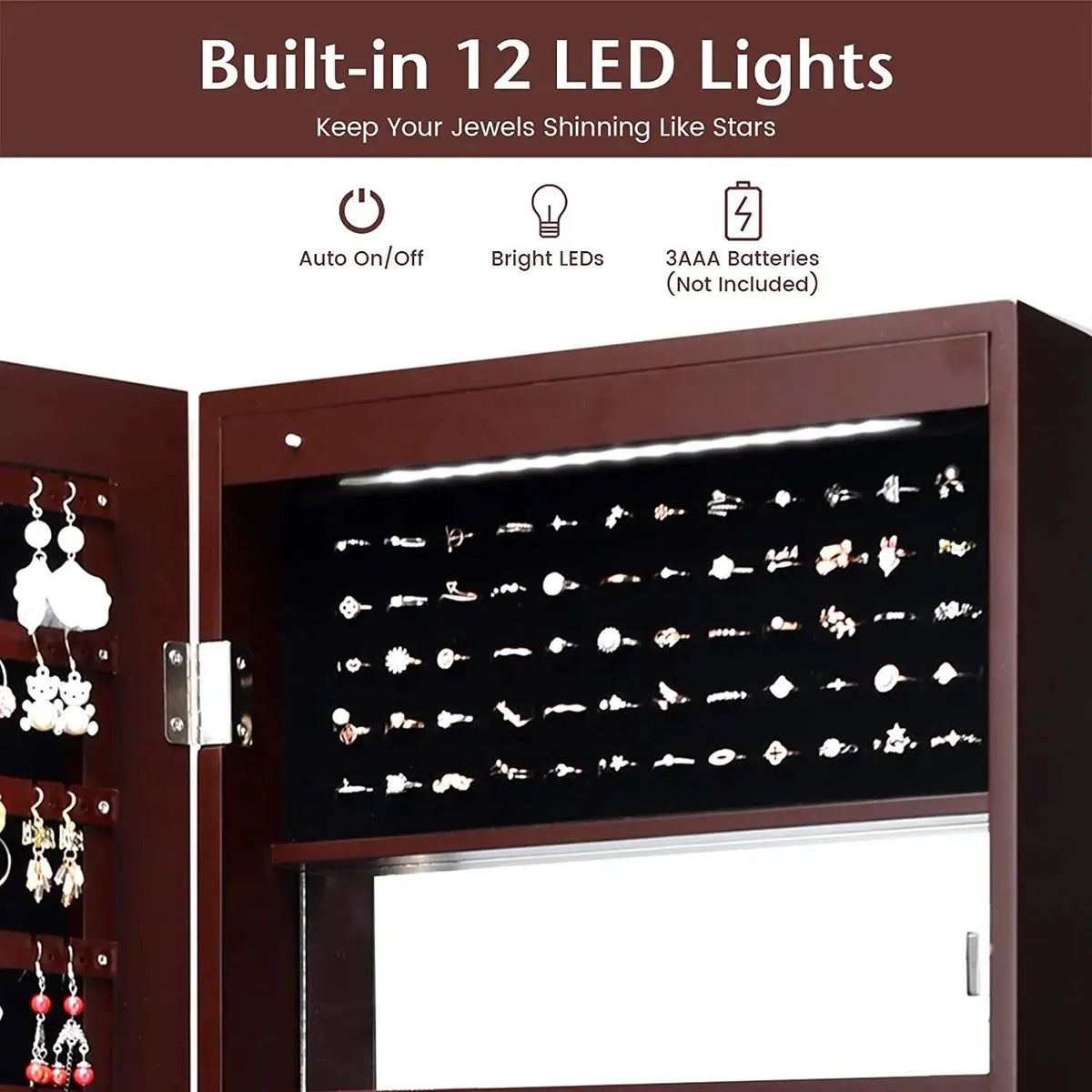 Lockable Wall Door Mounted Mirror Jewelry Cabinet w/LED Lights, photo 8 of 10