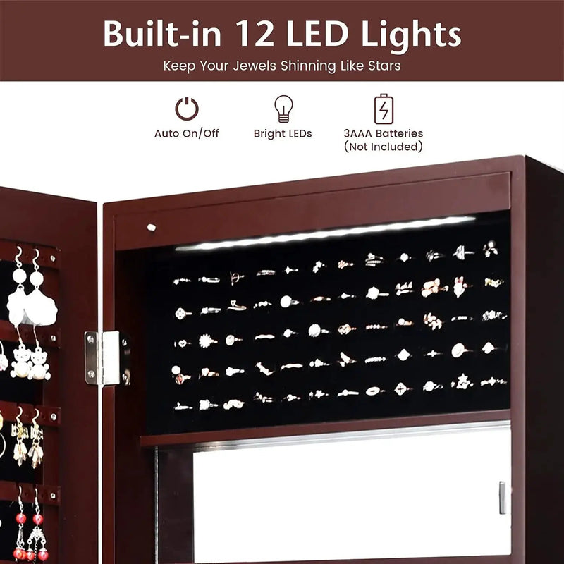 Lockable Wall Door Mounted Mirror Jewelry Cabinet w/LED Lights by DirectDeals