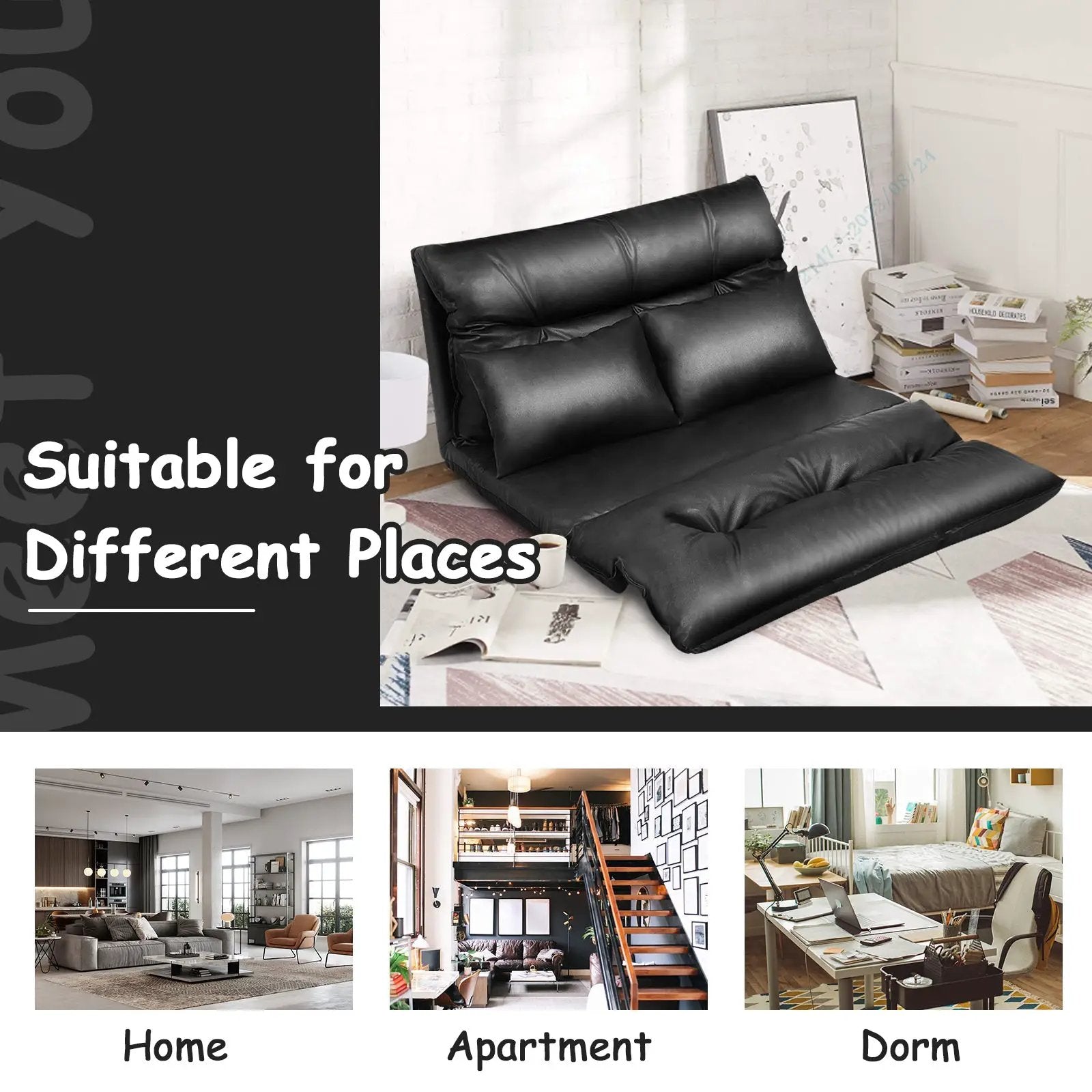Foldable PU Leather Leisure Floor Sofa Bed with 2 Pillows-Black by DirectDeals