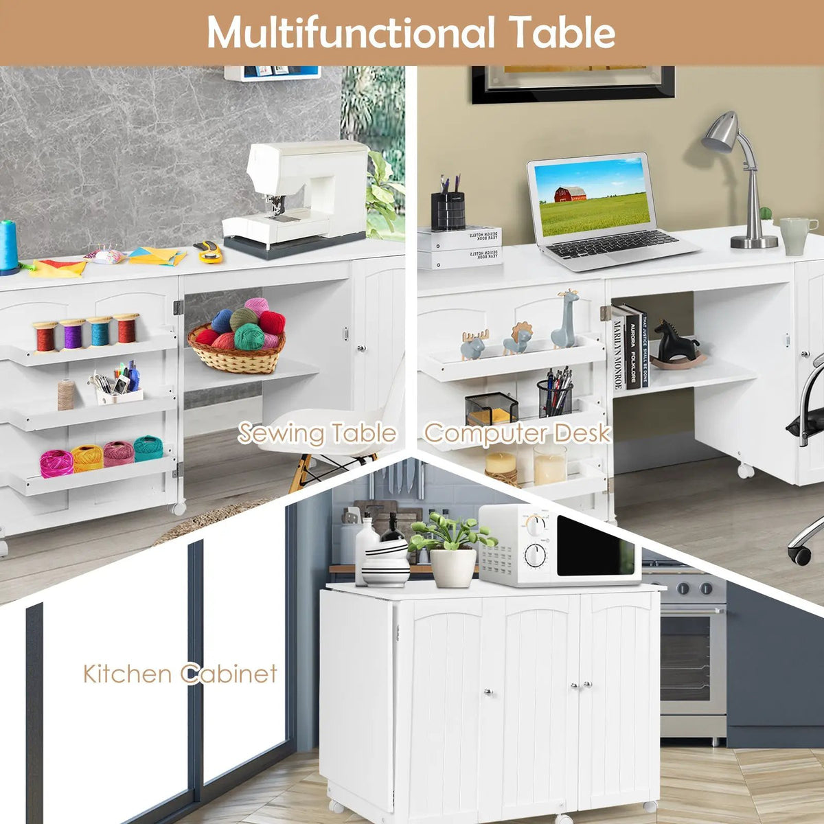 Folding Sewing Table Shelves Storage Cabinet Craft Cart with Wheels, photo 11 of 17