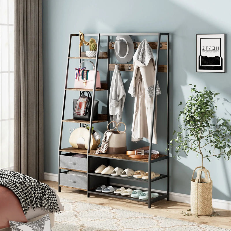 6-in-1 Freestanding Hall Tree Coat Rack with Bench and Fabric Dressers-Rustic Brown by DirectDeals