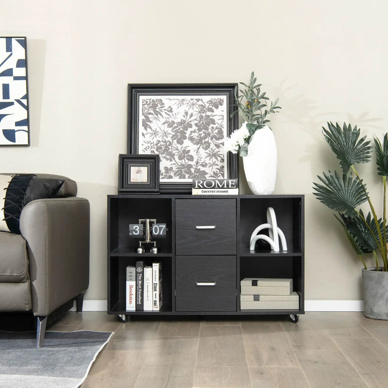 2 Drawer Wood Mobile File Cabinet with 4 Open Compartments-Black by DirectDeals