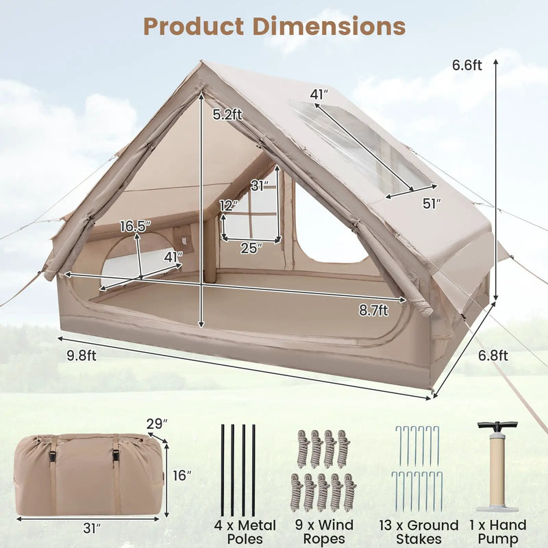 4-6 People Inflatable Camping Tent with Porch and Carrying Bag-Beige by DirectDeals
