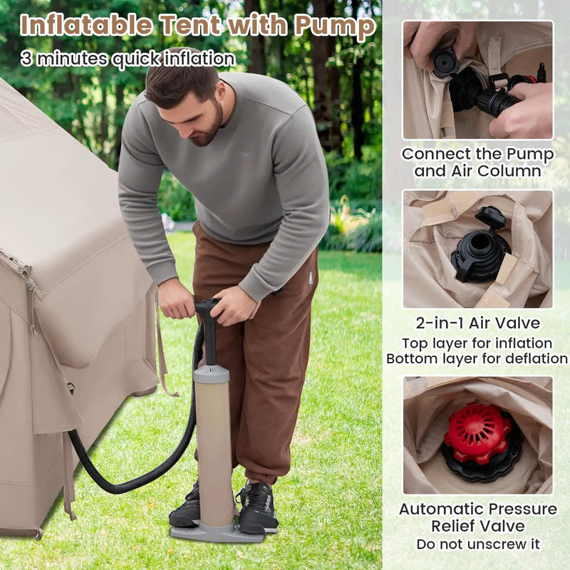 4-6 People Inflatable Camping Tent with Porch and Carrying Bag-Beige by DirectDeals