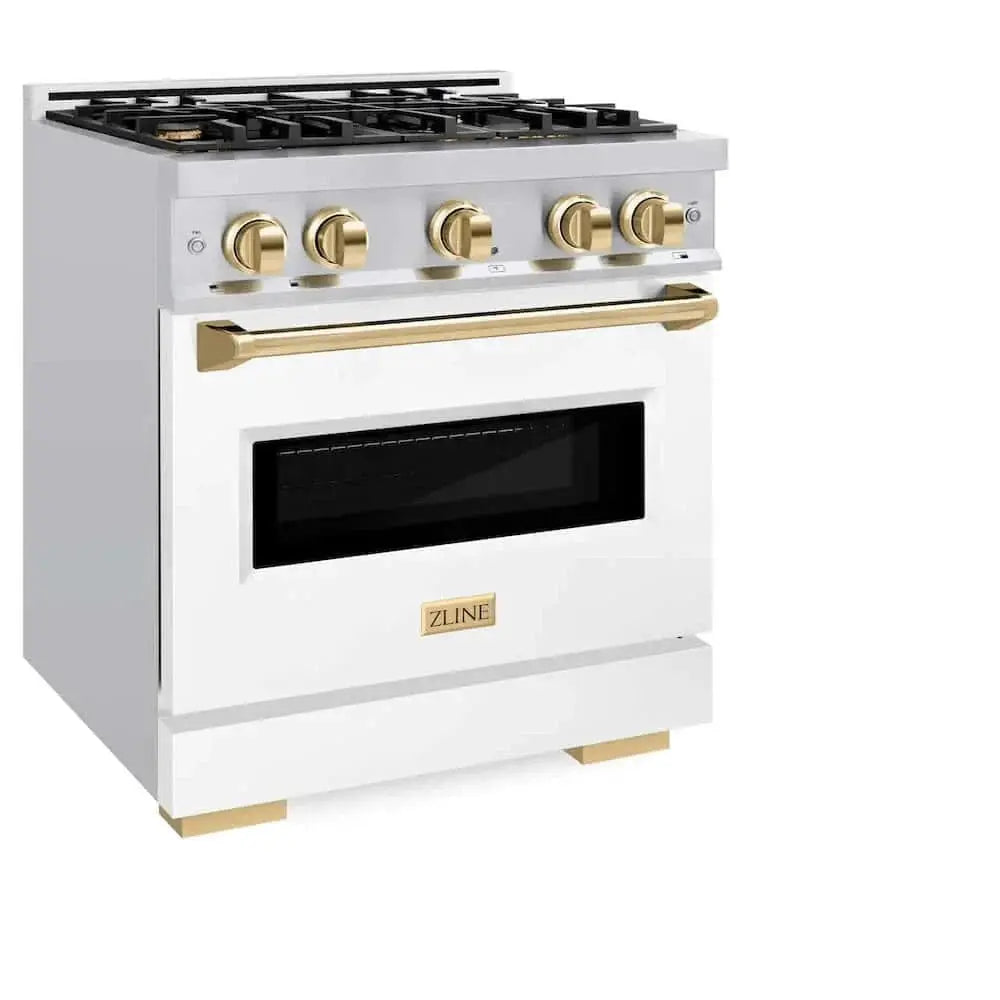 ZLINE 30"Classic Gas Range, Convection Gas Oven, DuraSnow® Stainless Steel, White Matte Door Polished Gold CGRSZ-WM-30-G by Farmhouse Kitchen and Bath