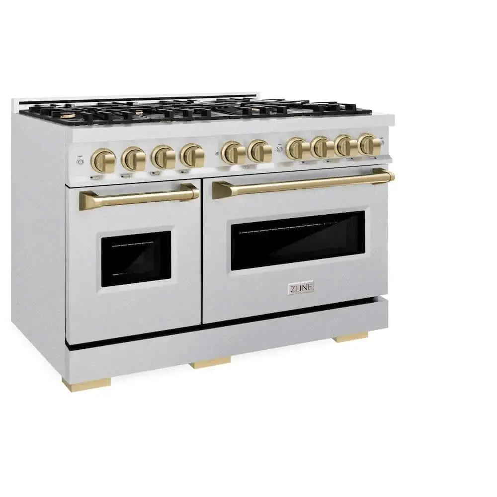 ZLINE 48" Classic Gas Range, Convection Gas Oven DuraSnow® Stainless Steel, Champagne Bronze CGRSZ-48-CB by Farmhouse Kitchen and Bath