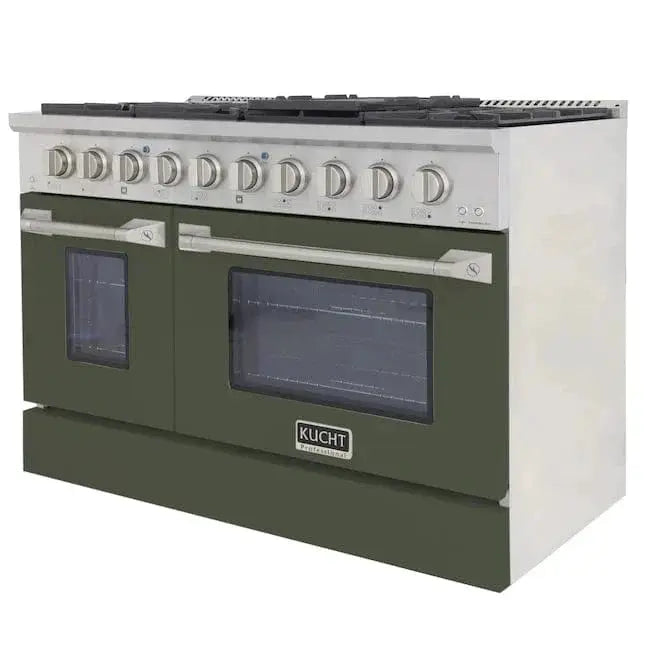Kucht 48" Gas Range in Stainless Steel with Olive Green Oven Doors, KNG481-OG by Farmhouse Kitchen and Bath