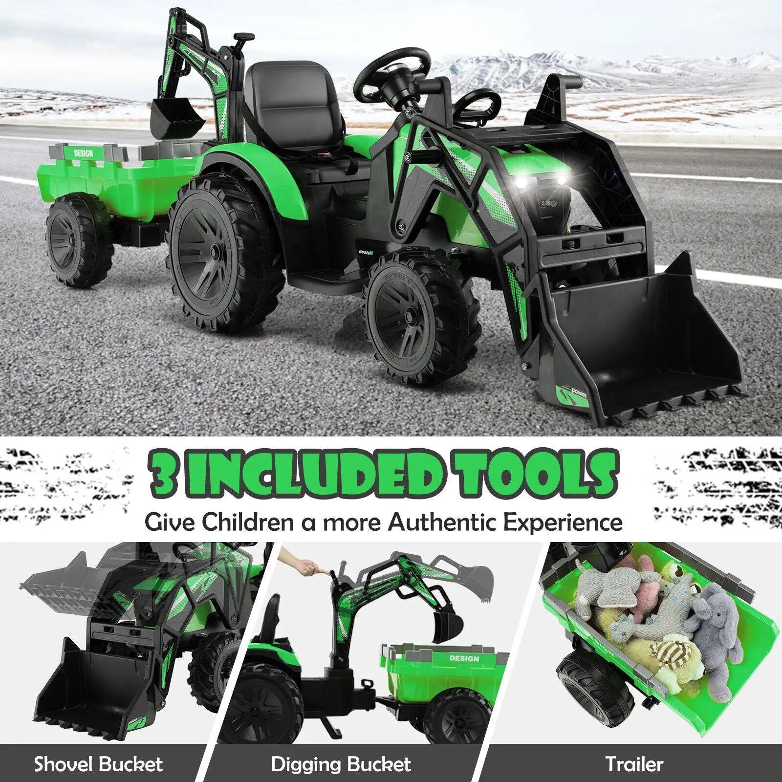 12V 3 in 1 Kids Ride On Excavator with Shovel Bucket and Music by DirectDeals