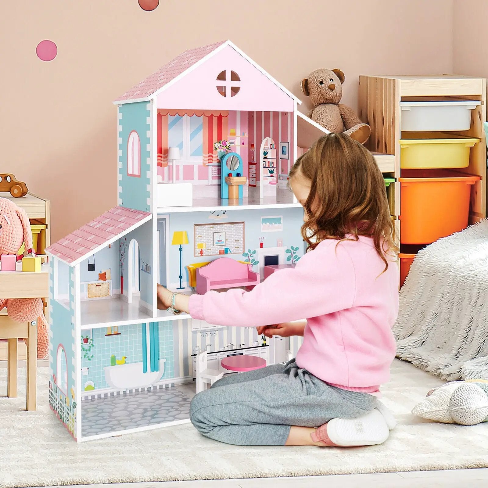 3-Tier Toddler Doll House with Furniture Gift for Age over 3 by DirectDeals