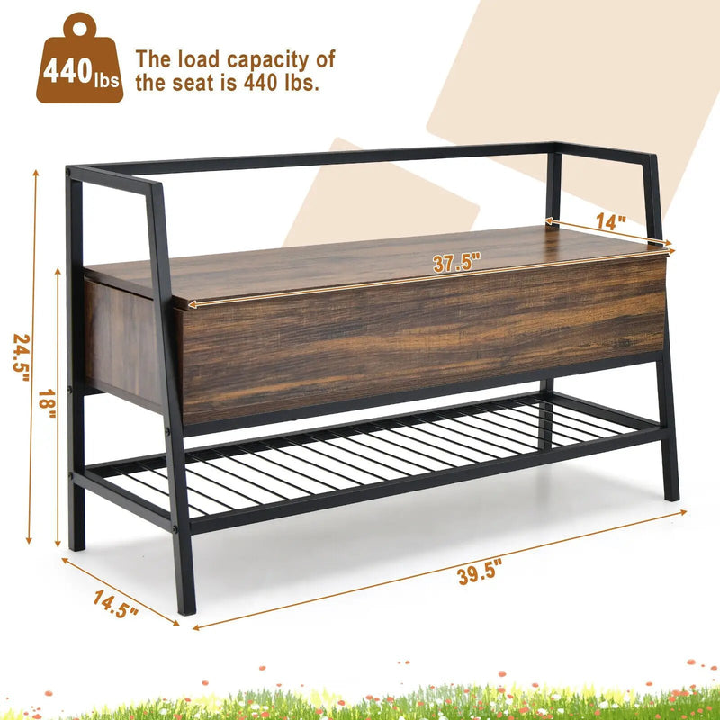 Industrial Shoe Bench with Storage Space and Metal Handrail-Rustic Brown by DirectDeals