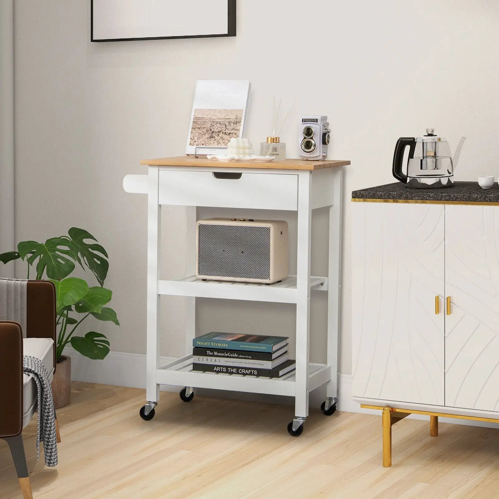 3-Tier Kitchen Island Cart Rolling Service Trolley with Bamboo Top by DirectDeals