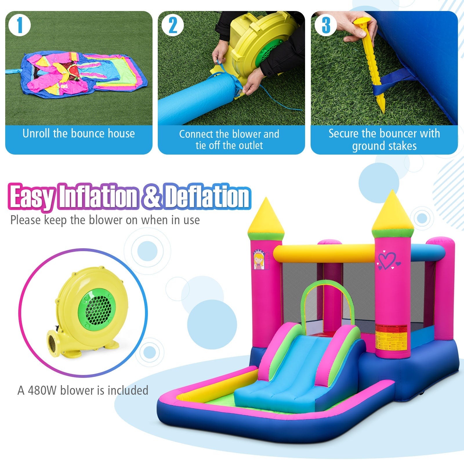Inflatable Bounce House 4-in-1 Kids Princess-themed Bouncer Blow-up Bouncy Castle with 480 Blower by DirectDeals