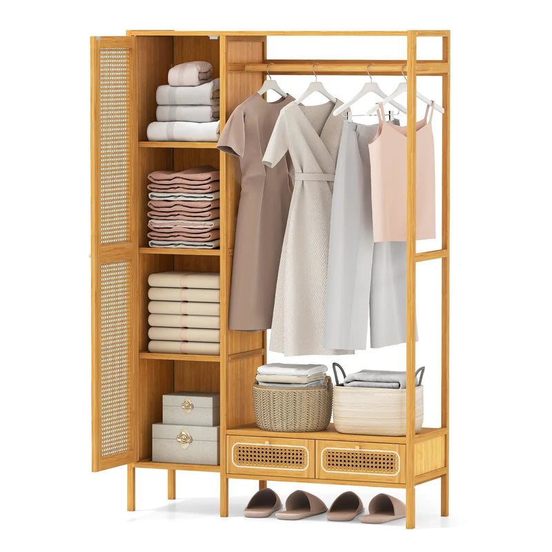 Bamboo Clothing Rack with Cabinet and Drawers and Hanging Rod-Natural by DirectDeals