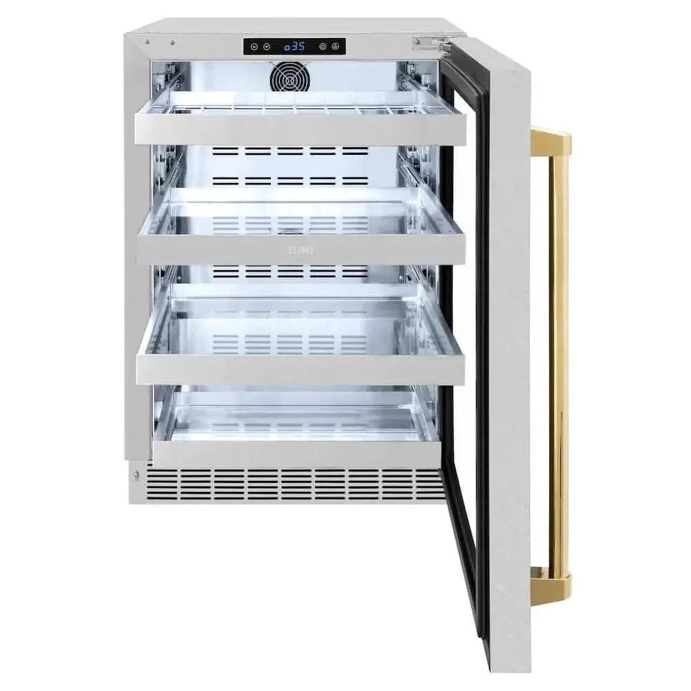 ZLINE 24" Touchstone 151 Can Beverage Fridge DuraSnow® Stainless Steel Glass Door Polished Gold Handle RBSOZ-SN-24-G by Farmhouse Kitchen and Bath