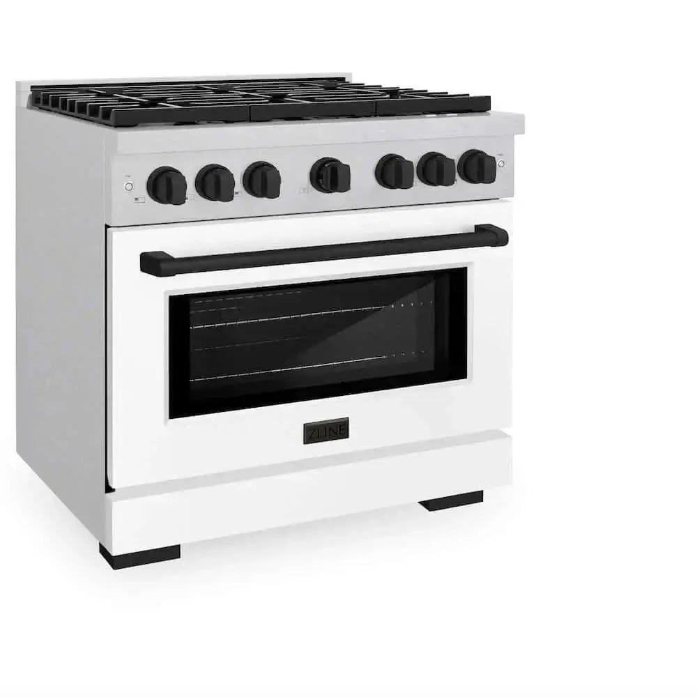ZLINE 36"Gas Range, Convection Gas Oven, DuraSnow® White Matte, Matte Black SGRSZ-WM-36-MB by Farmhouse Kitchen and Bath