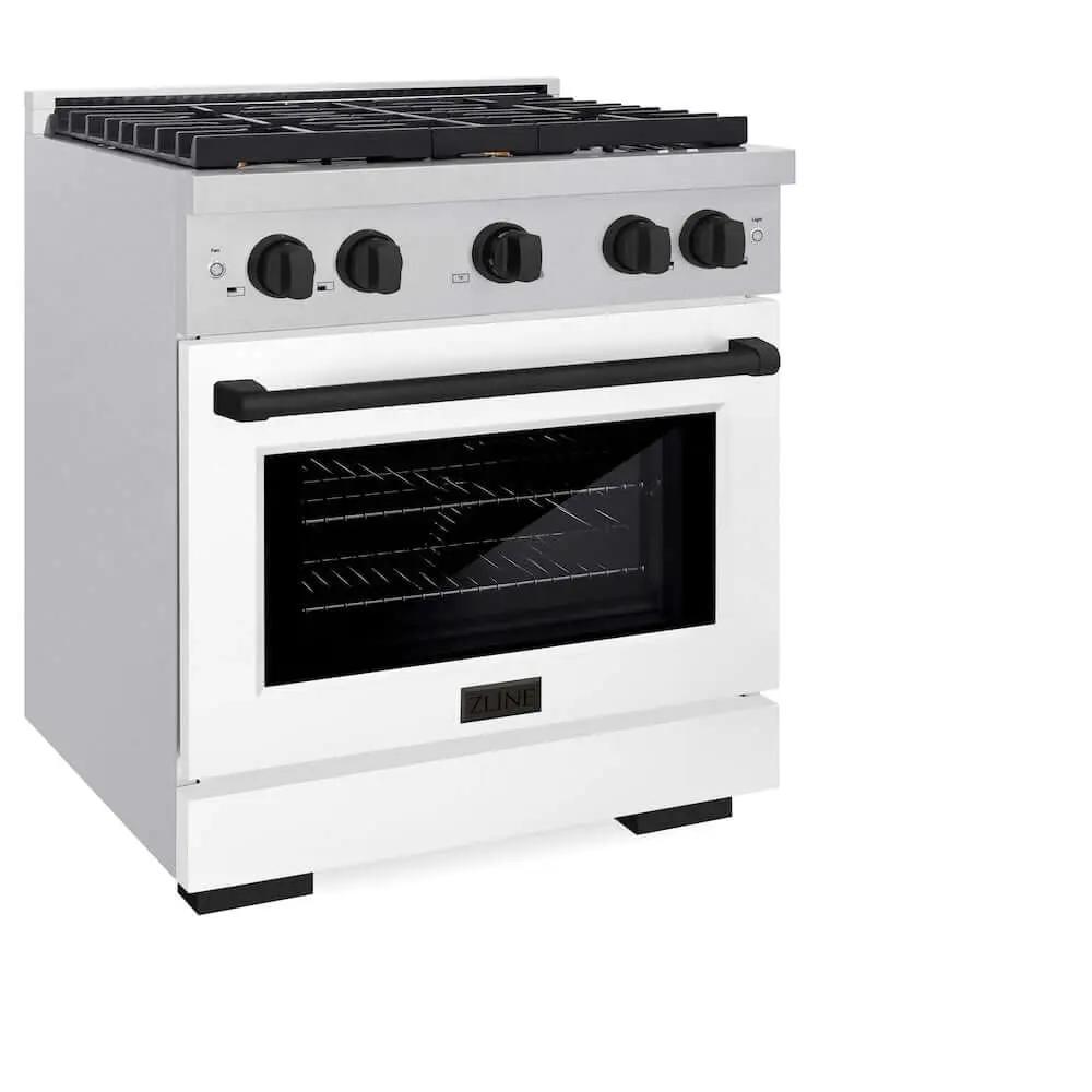 ZLINE 30"Gas Range, Convection Gas Oven, DuraSnow® White Matte, Matte Black SGRSZ-WM-30-MB by Farmhouse Kitchen and Bath