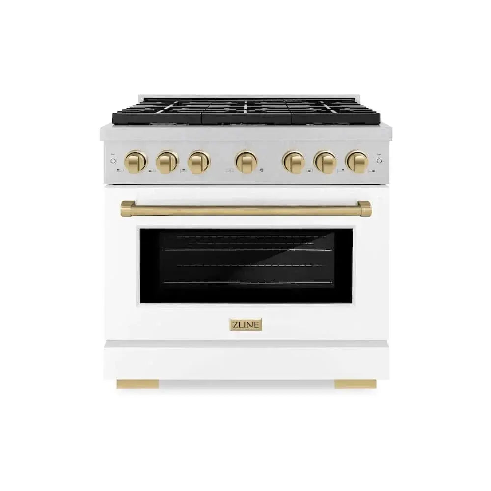 ZLINE 36"Gas Range, Convection Gas Oven, DuraSnow® White Matte, Champagne Bronze SGRSZ-WM-36-CB by Farmhouse Kitchen and Bath
