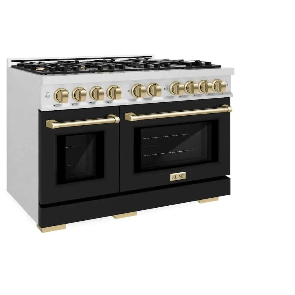ZLINE 48" Select Gas Range Convection Gas Oven DuraSnow® Stainless Steel Black Matte Door Champagne Bronze HGRSZ-BLM-48-CB by Farmhouse Kitchen and Bath