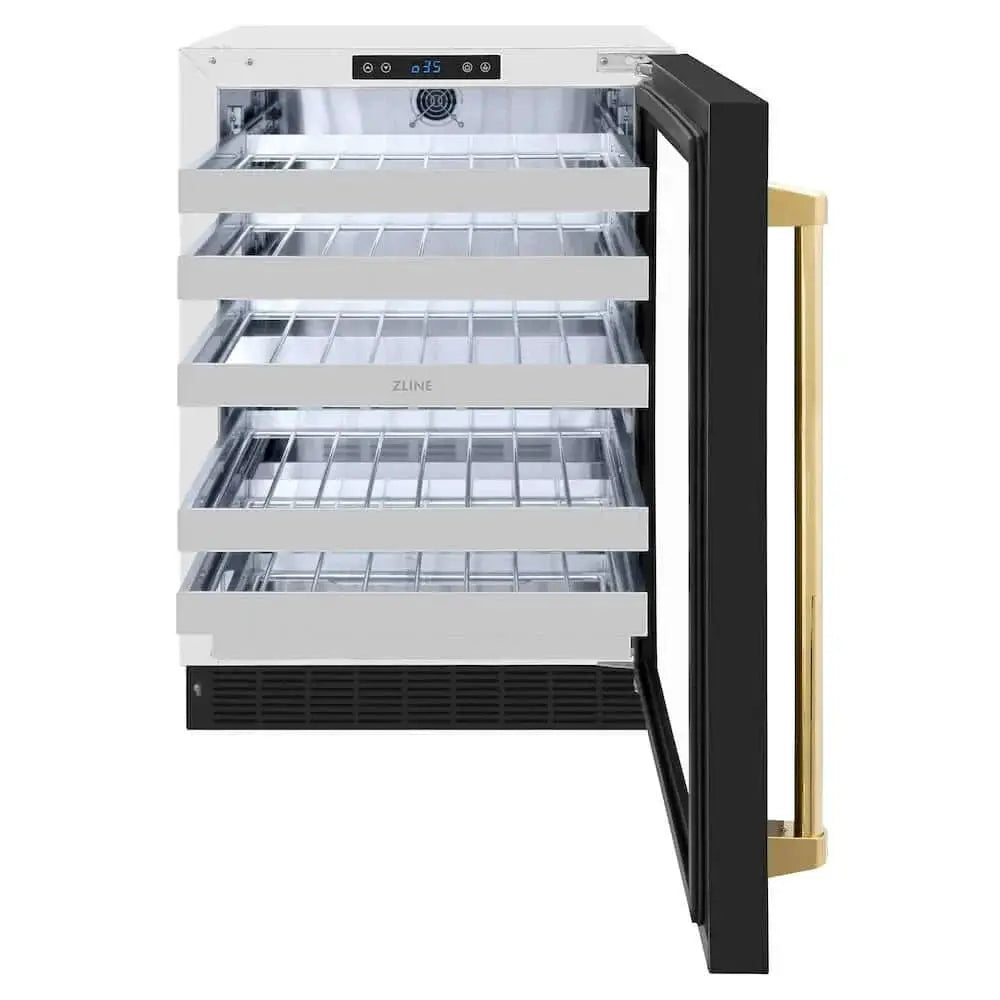 ZLINE 24" Touchstone Dual Zone 44 Bottle Wine Cooler Black Matte Glass Door Polished Gold Handle RWDOZ-BLM-24-G by Farmhouse Kitchen and Bath