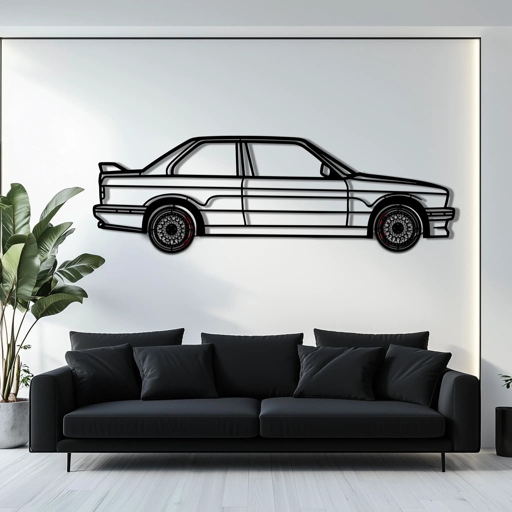 BMW E30 M3 Metal Car Wall Art with Rotating Wheels - Classic M Power Silhouette Decor - Interactive Automotive Wall Art - KAFMEKA100 by Enova Art