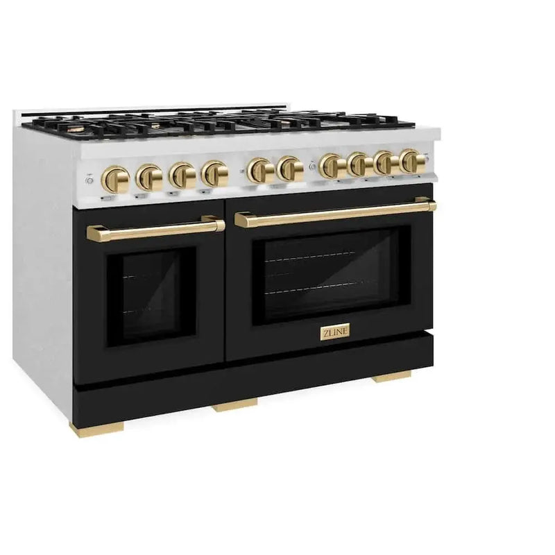 ZLINE 48" Select Dual Fuel Range Gas Cooktop Electric Convection Oven DuraSnow® Stainless Steel Black Matte Door Gold HDRSZ-BLM-48-G by Farmhouse Kitchen and Bath