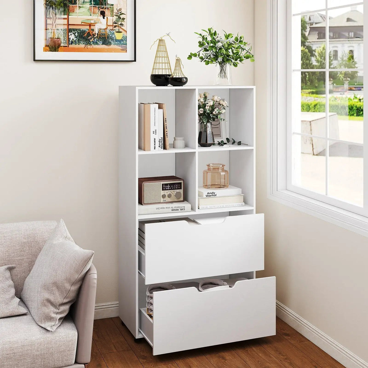 4-Cube Bookcase with 2 Drawers 51 inch 5-Tier Tall Freestanding Bookshelf, photo 4 of 32