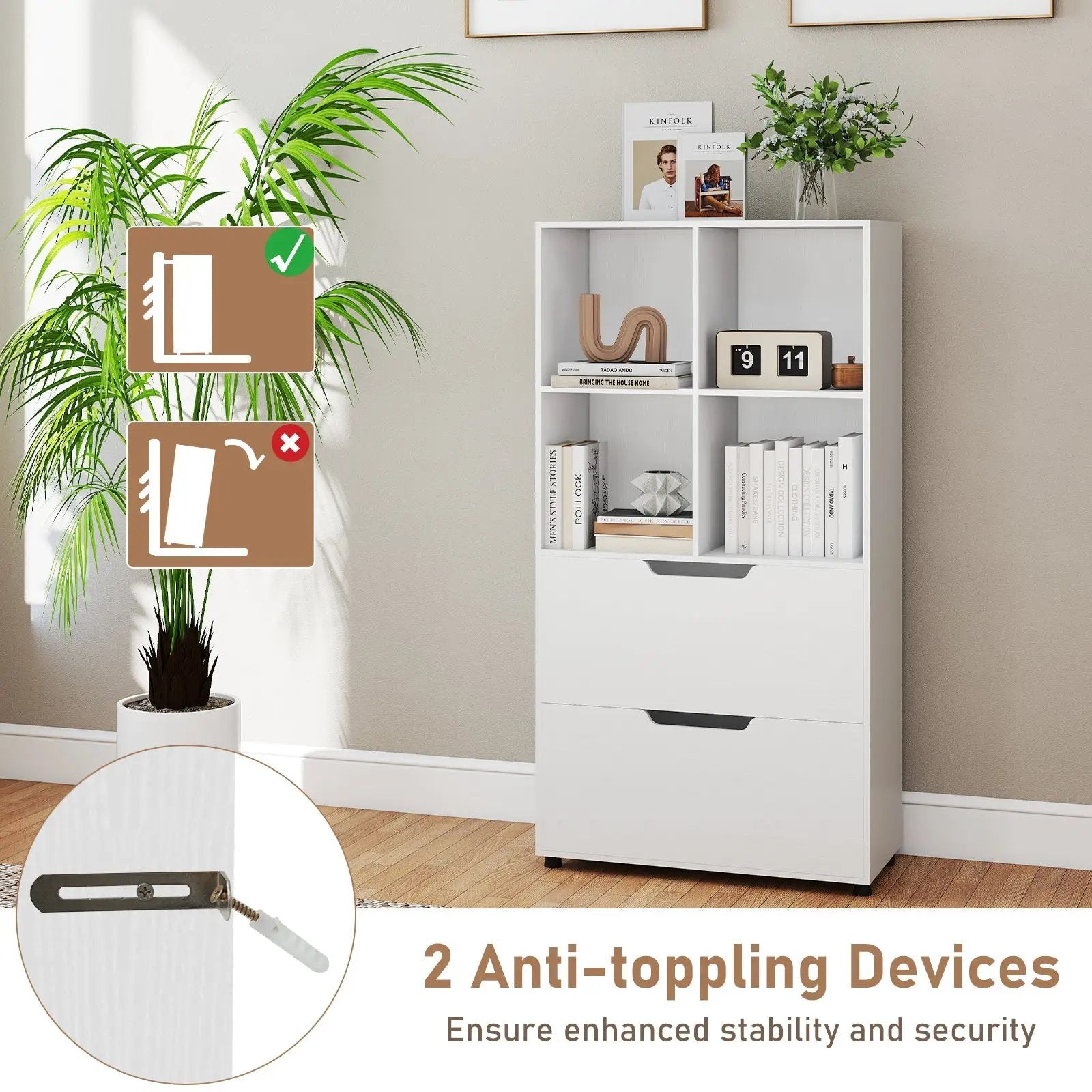 4-Cube Bookcase with 2 Drawers 51 inch 5-Tier Tall Freestanding Bookshelf by DirectDeals