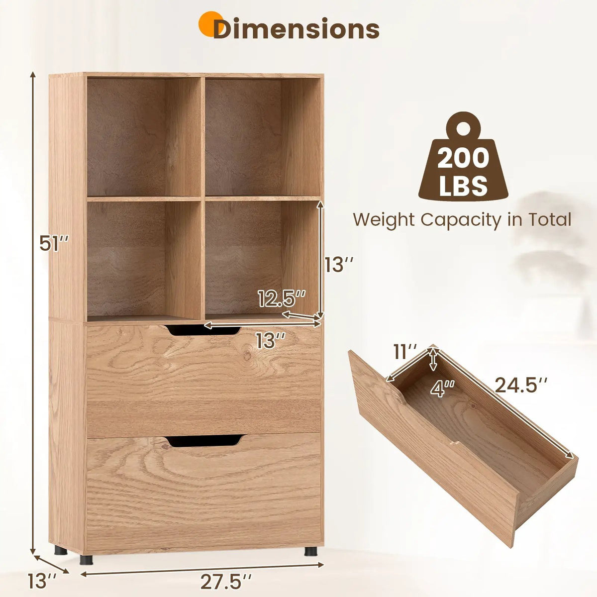4-Cube Bookcase with 2 Drawers 51 inch 5-Tier Tall Freestanding Bookshelf, photo 17 of 32