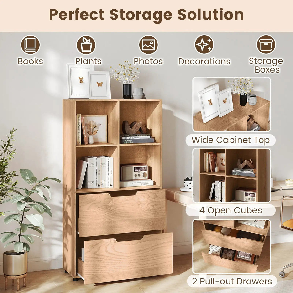 4-Cube Bookcase with 2 Drawers 51 inch 5-Tier Tall Freestanding Bookshelf, photo 32 of 32