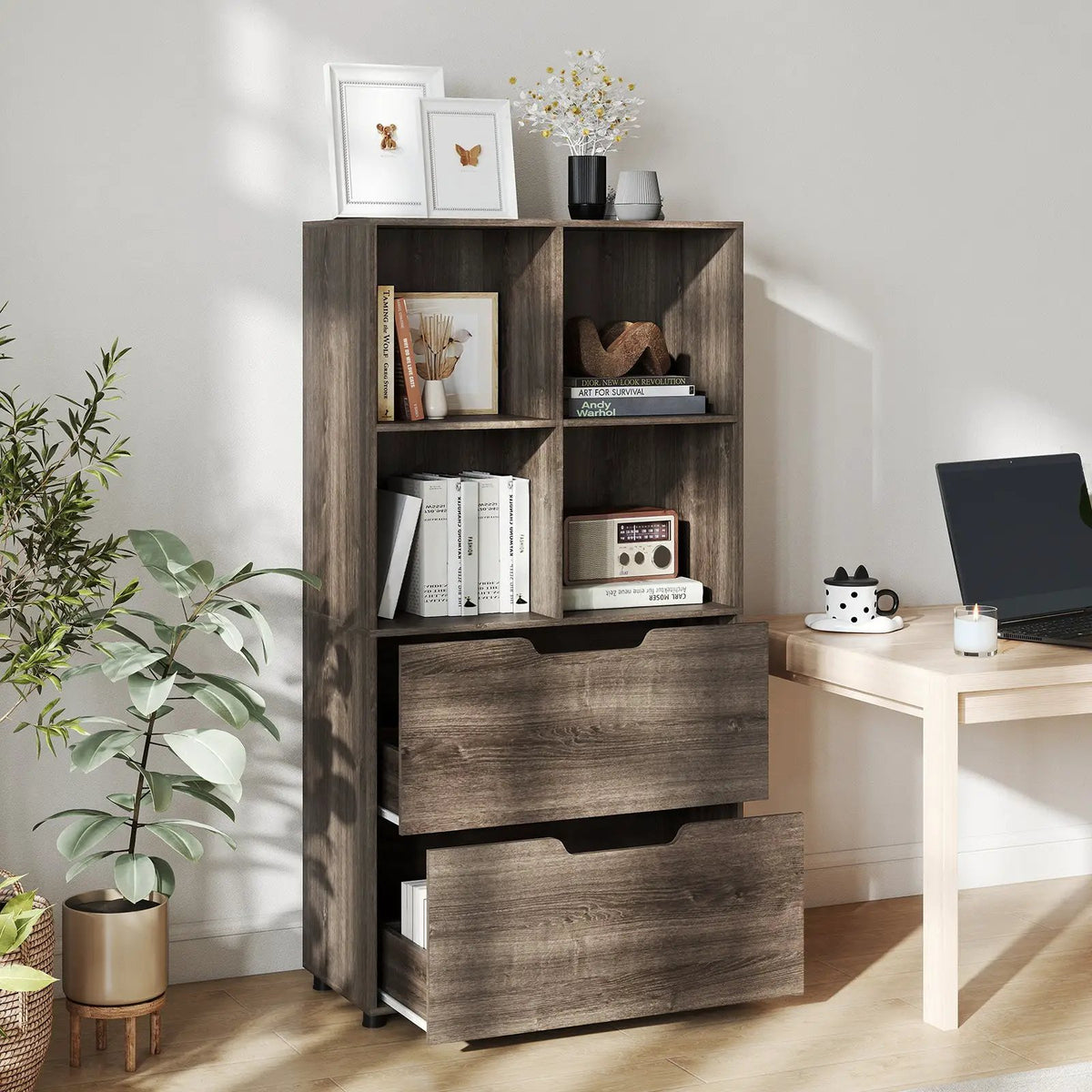 4-Cube Bookcase with 2 Drawers 51 inch 5-Tier Tall Freestanding Bookshelf, photo 2 of 32