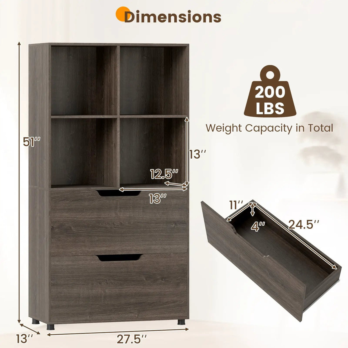 4-Cube Bookcase with 2 Drawers 51 inch 5-Tier Tall Freestanding Bookshelf, photo 18 of 32