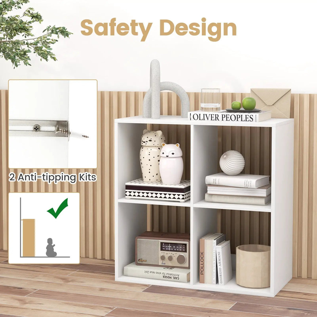 4 Cube Bookshelf with Back Guardrail for Living Room Bedroom, photo 7 of 11