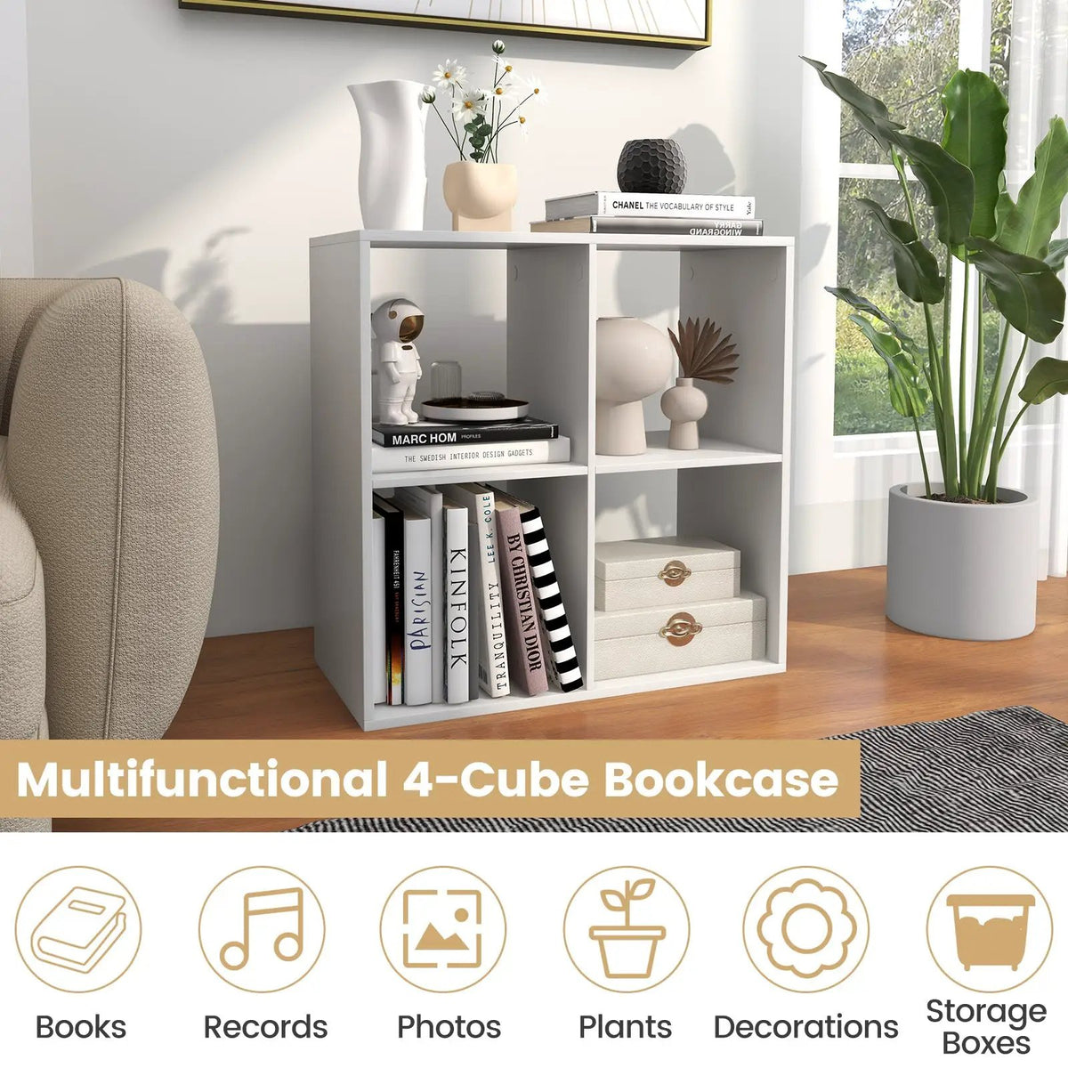 4 Cube Bookshelf with Back Guardrail for Living Room Bedroom, photo 8 of 11
