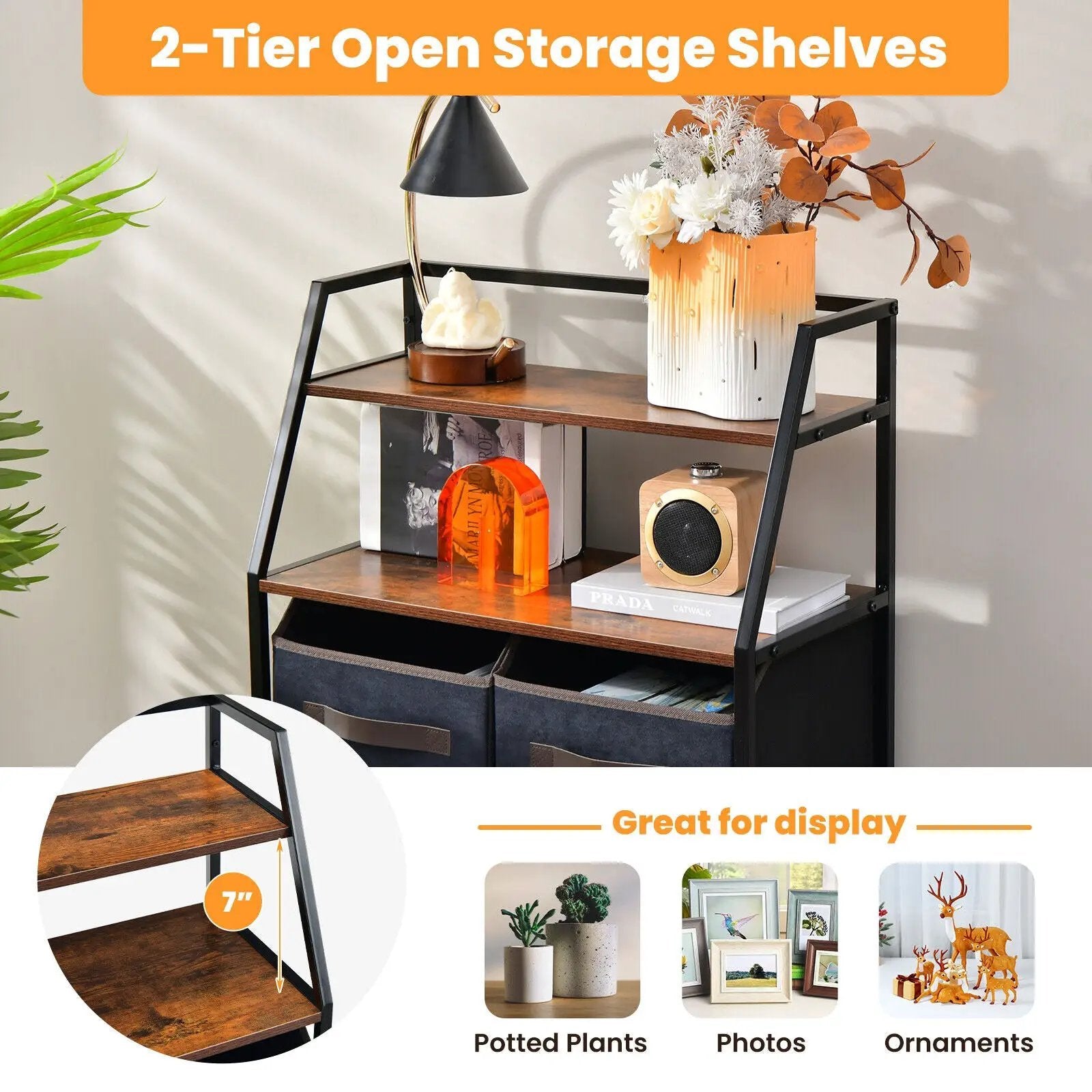 4-Drawer Free Standing Storage Dresser with 2 Open Shelves-Rustic Brown by DirectDeals