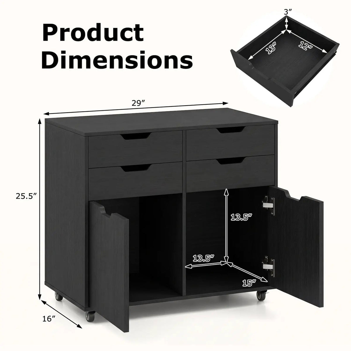 4 Drawer File Cabinet with Wheels for Home Office Organization, photo 9 of 16