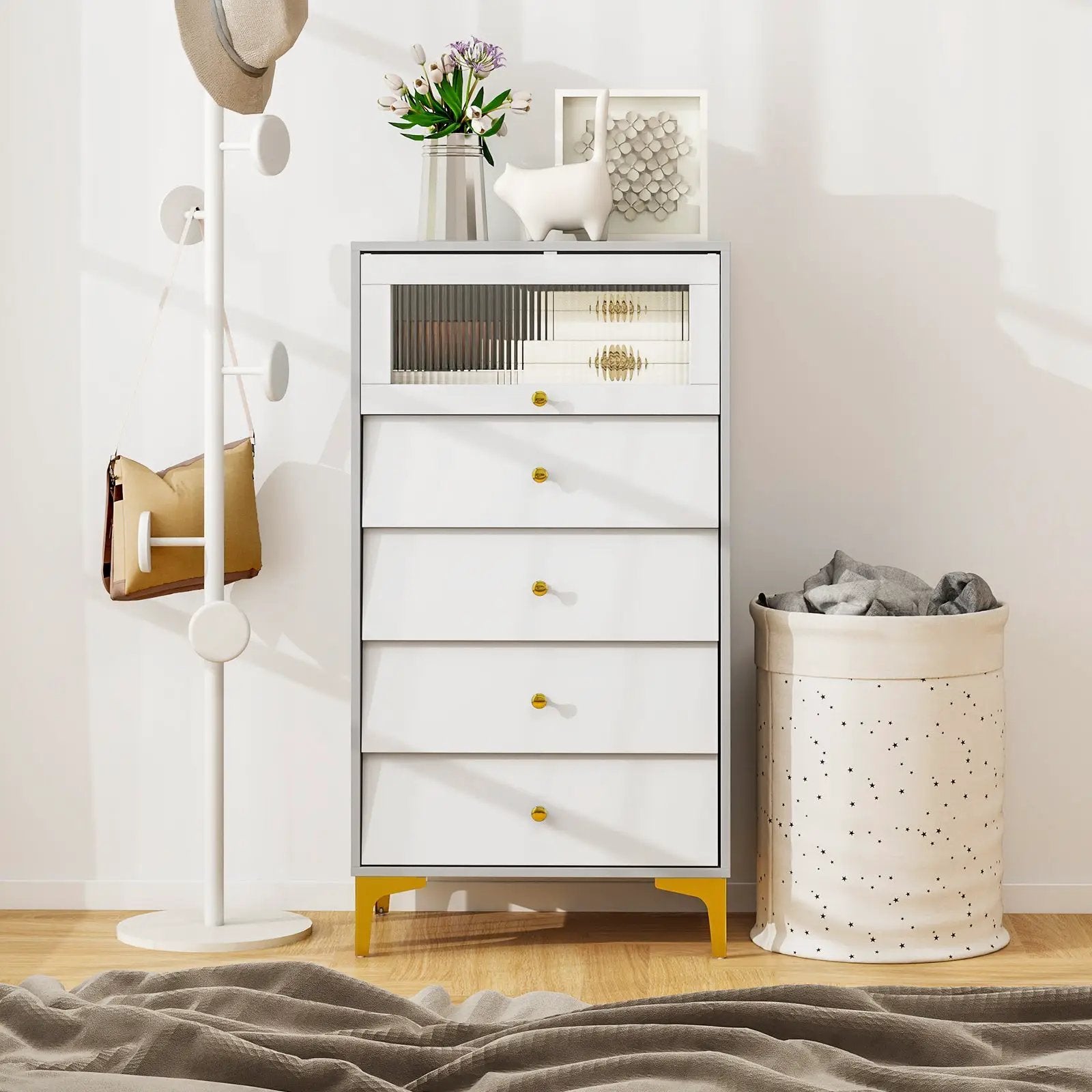 4 Drawer Modern Storage Cabinet with Flip Up Fluted Glass Door-Gray and White by DirectDeals