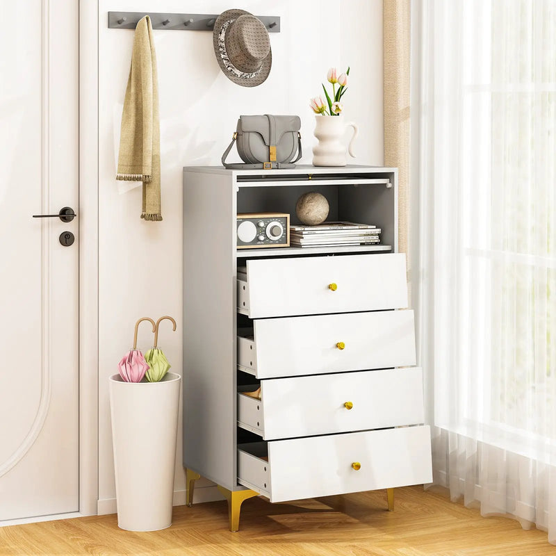4 Drawer Modern Storage Cabinet with Flip Up Fluted Glass Door-Gray and White by DirectDeals