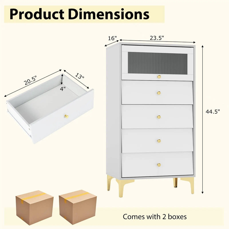 4 Drawer Modern Storage Cabinet with Flip Up Fluted Glass Door-Gray and White by DirectDeals