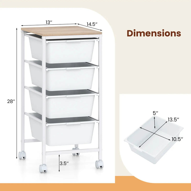 4-Drawer Rolling Storage Cart Mobile Utility Organizer with Wooden Tabletop and Lockable Wheels-White by DirectDeals