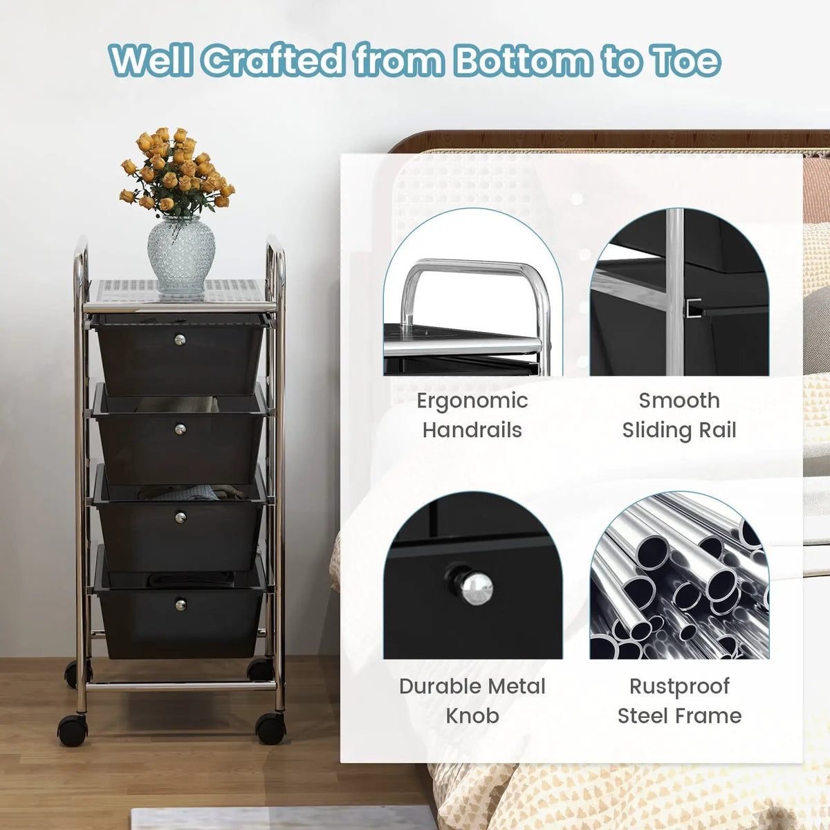 4-Drawer Cart Storage Bin Organizer Rolling with Plastic Drawers, photo 7 of 11