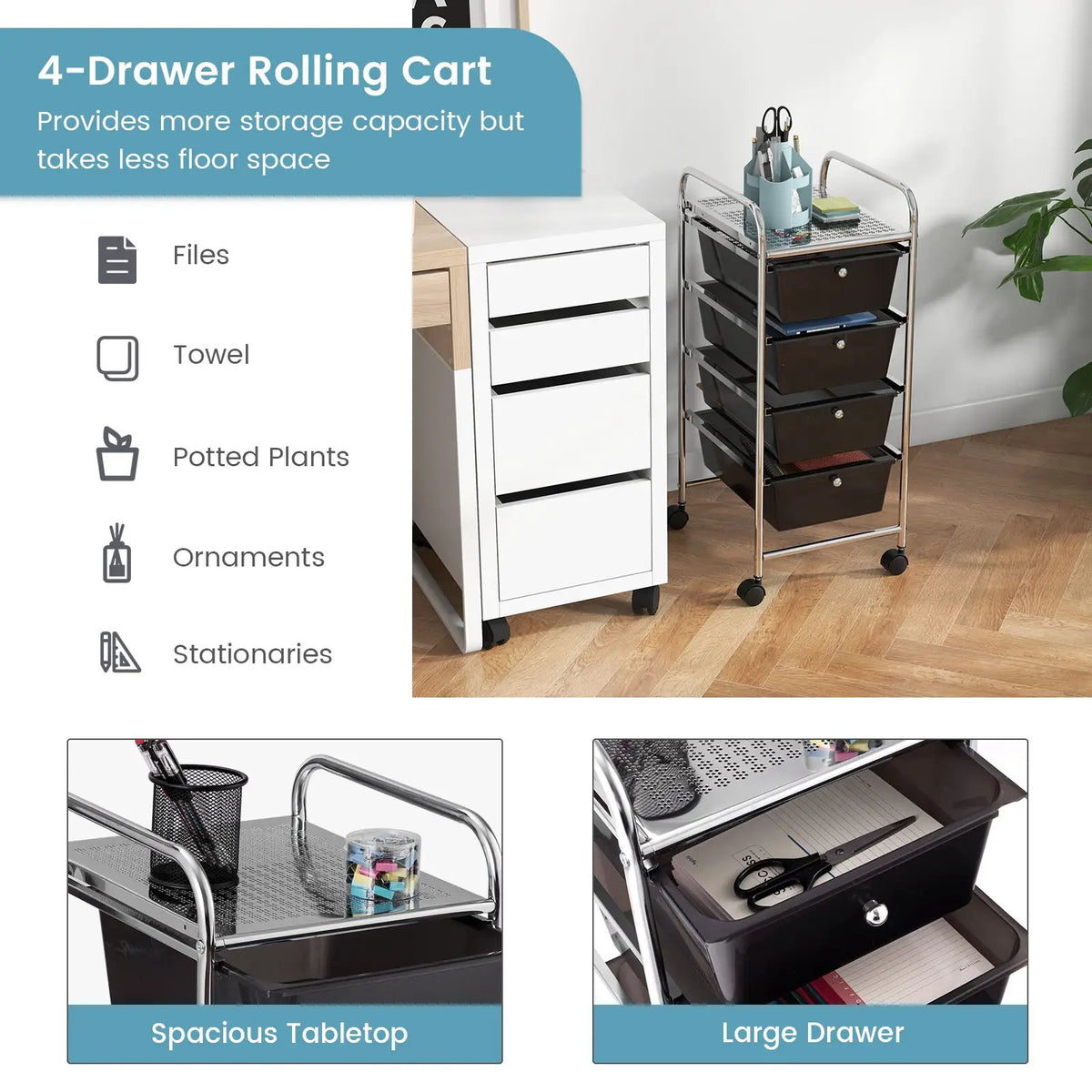 4-Drawer Cart Storage Bin Organizer Rolling with Plastic Drawers, photo 8 of 11