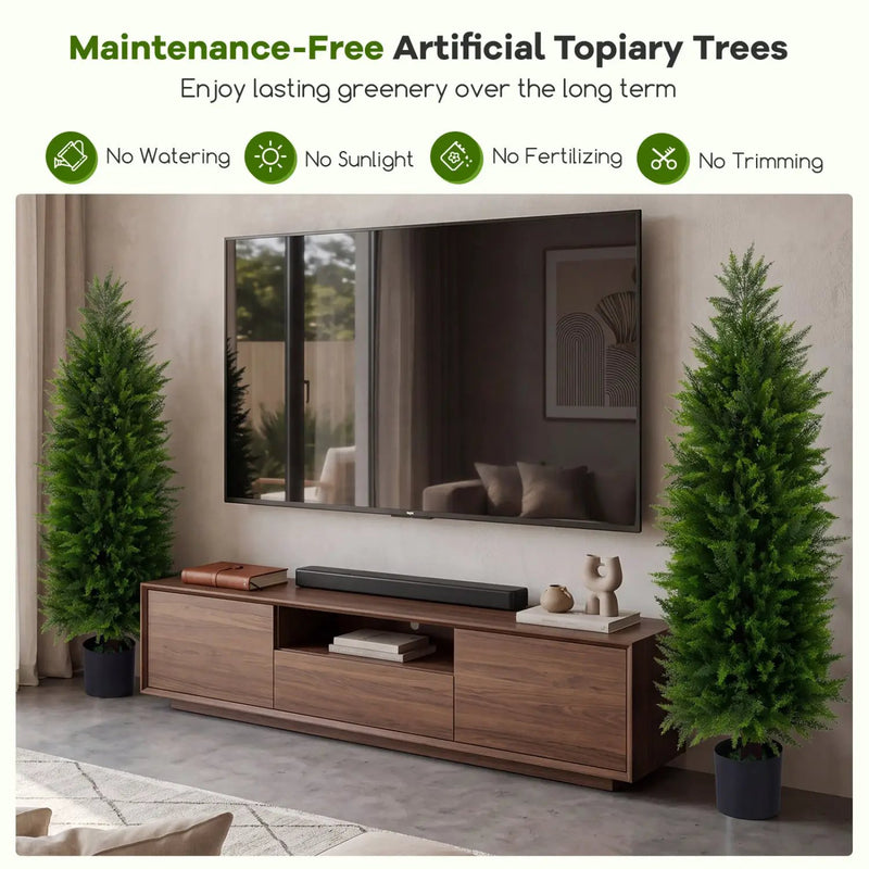 4 FT Artificial Topiary Tree Set of 2 Faux Cedar Cypress Plants in Cement-Filled Pots by DirectDeals