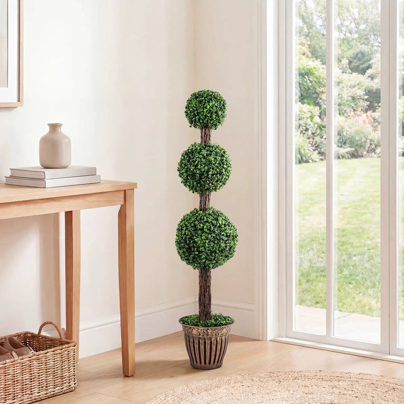 4 FT Artificial Triple Ball Boxwood Tree with Cement-filled Retro Planter by DirectDeals