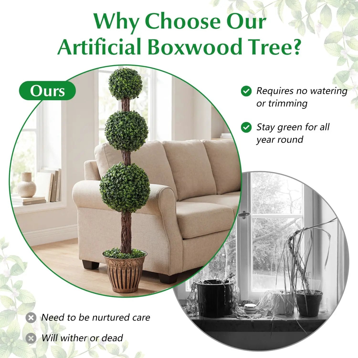 4 FT Artificial Triple Ball Boxwood Tree with Cement-filled Retro Planter by DirectDeals