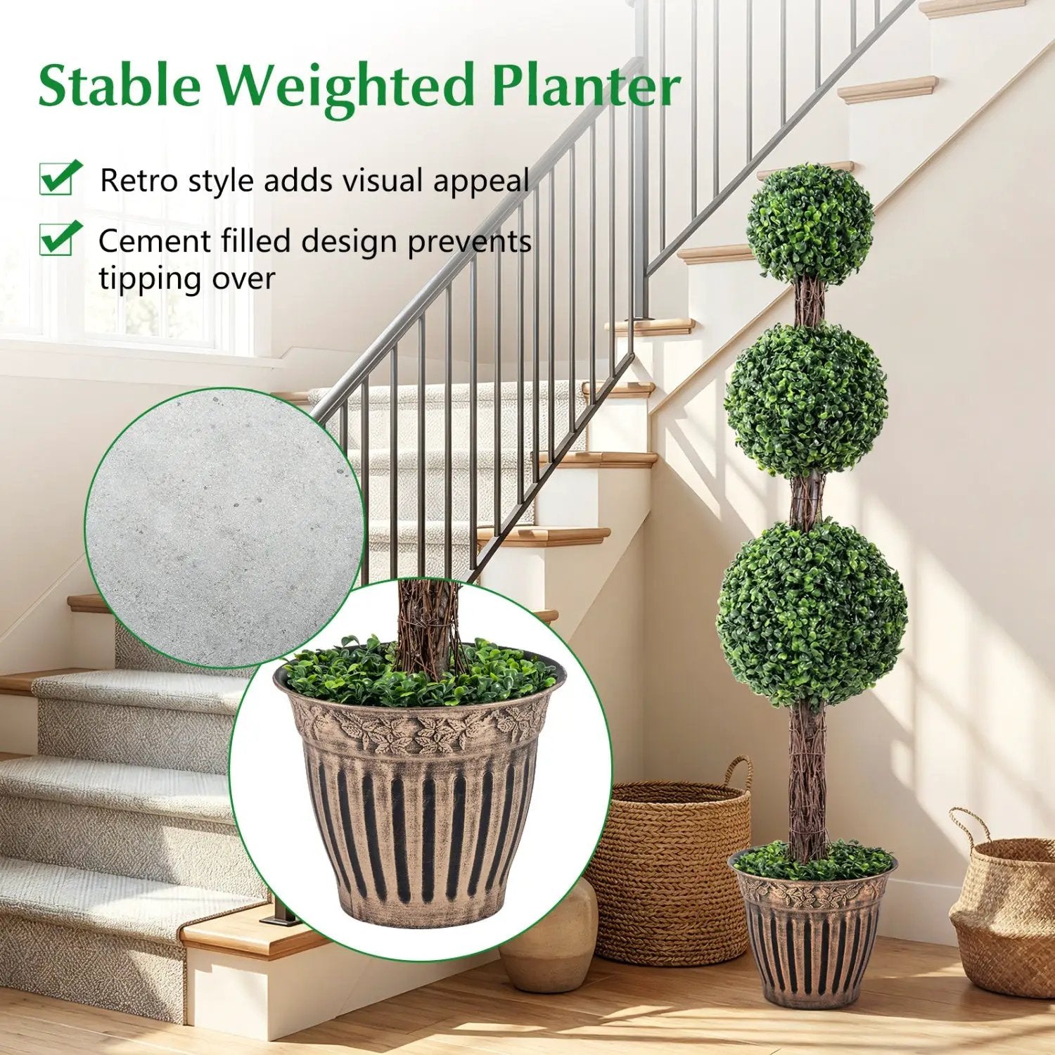 4 FT Artificial Triple Ball Boxwood Tree with Cement-filled Retro Planter by DirectDeals