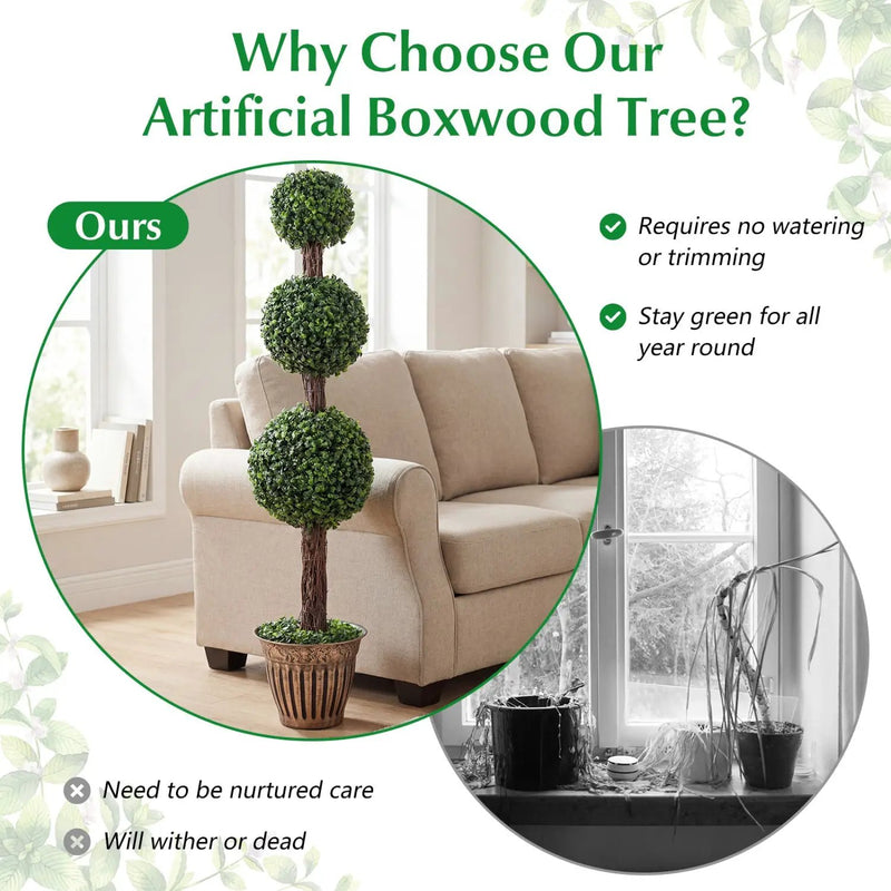 4 FT Artificial Triple Ball Boxwood Tree with Cement-filled Retro Planter Set of 2 by DirectDeals
