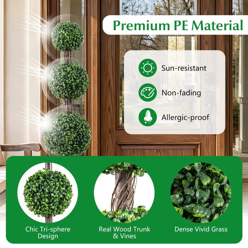 4 FT Artificial Triple Ball Boxwood Tree with Cement-filled Retro Planter Set of 2 by DirectDeals