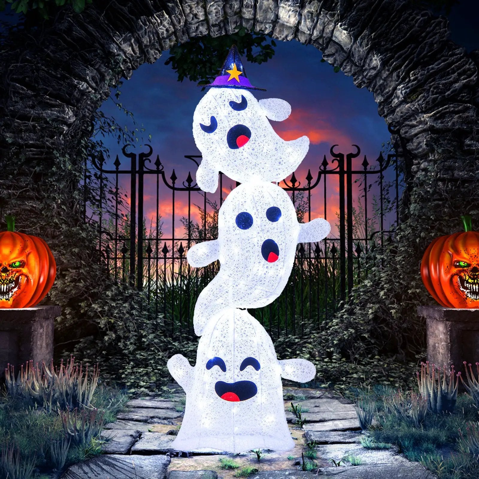4 FT Lighted Standing Halloween Decoration Stacked Ghosts with 120 LED Lights by DirectDeals