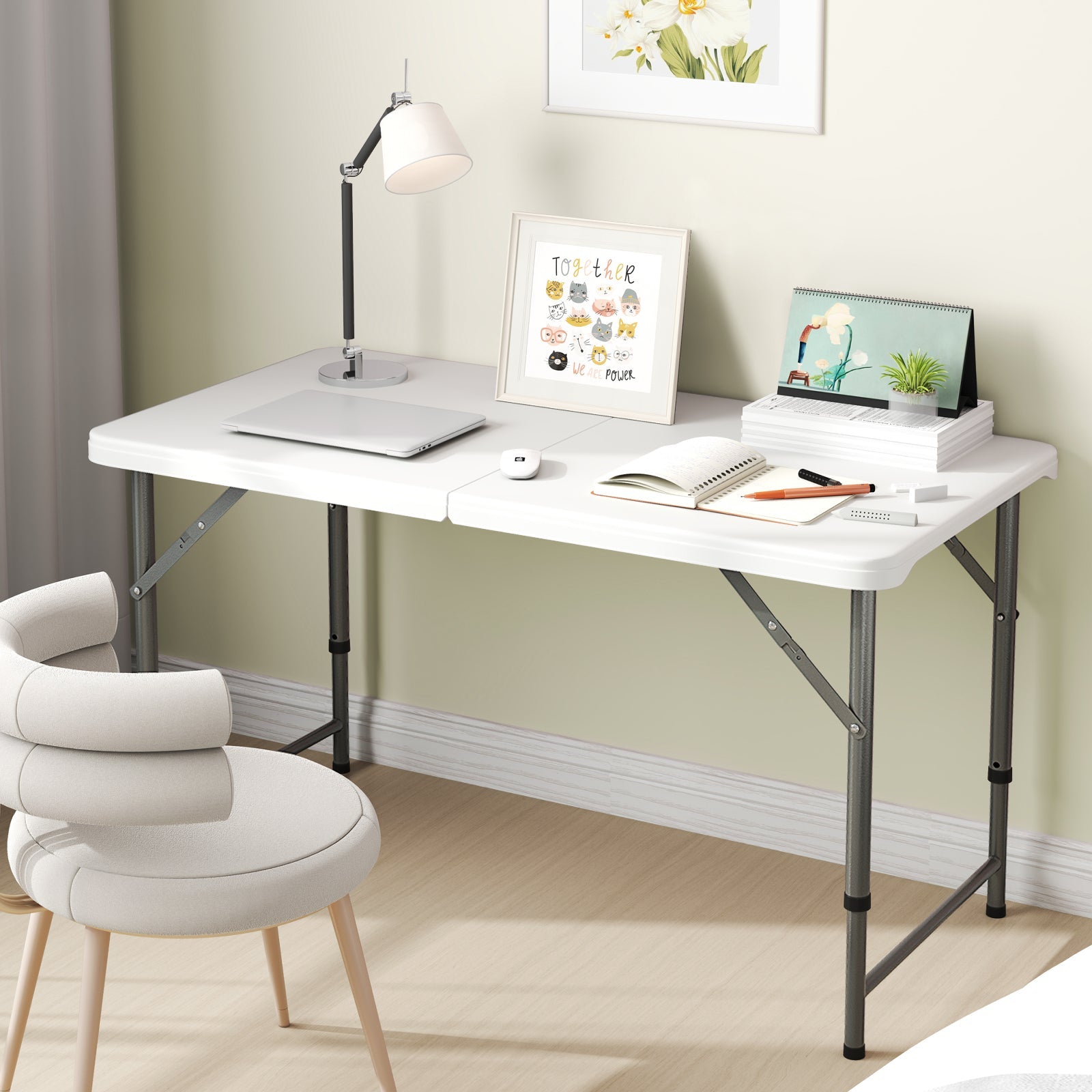 4 Feet Portable Camping Table with HDPE Tabletop and Metal Legs-White by DirectDeals